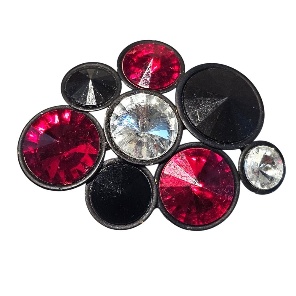 Rhinestone Brooch Pendant Red Black Statement Costume Jewelry 2.5", Gift Box